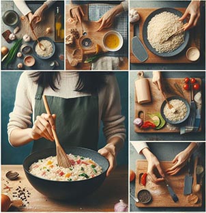 collage de una persona haciendo risotto